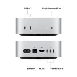 Mac Mini Vorderseite und Rückseite mit Anschlüssen