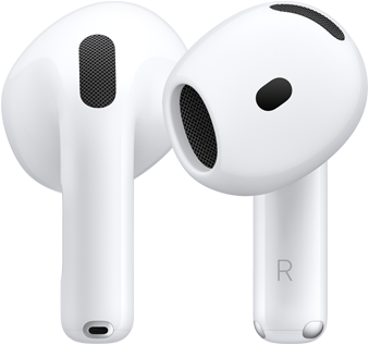 Die Rückseite des linken AirPod, die Vorderseite des rechten AirPod, auf dem Ende des AirPod kennzeichnet der Buchstabe R, dass er in das rechte Ohr gehört