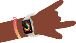 Cartoon-Illustration von zwei Kinderarmen, beide tragen eine Apple Watch SE 3, eine mit der Aktivitätsapp, die andere mit der Nachrichten App