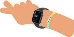 Cartoon-Illustration von zwei Kinderarmen, beide tragen eine Apple Watch SE 3, eine mit der Aktivitätsapp, die andere mit der Nachrichten App