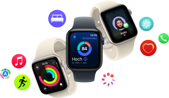 Drei Apple Watch SE 3 Geräte schweben nebeneinander: eines mit Aktivitätsringen, eines mit Schlafindex und eines mit einer eingehenden Textnachricht