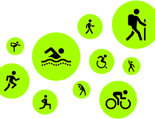 Trainings­symbole, stilisierte Personen laufen, gehen, schwimmen, nutzen einen Rollstuhl, wandern, fahren Fahrrad, machen einen Ausfallschritt, tanzen, stretchen sich und machen Yoga