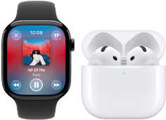 Apple Watch Series 11, Titangehäuse Schiefer, Armband: Sportarmband Schwarz, Apple Music App geöffnet, gekoppelt mit AirPods 4