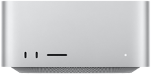 Mac Studio, Vorderseite, zwei USB‑C Anschlüsse, SDXC Kartensteckplatz, Statusanzeige, nach unten zulaufender Sockel, flache Oberseite, gerundete Ecken, gerade Kanten, Silber