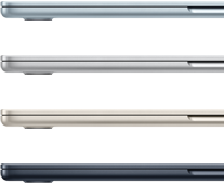 Seitenansicht von vier MacBook Air Laptops in vier verschiedenen Farben