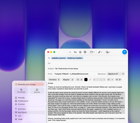 MacBook Neo Display, mit Apple Intelligence Schreibtools wird in Mail ein langer Absatz in einer E‑Mail mit Feedback zu einer Veröffentlichung überarbeitet