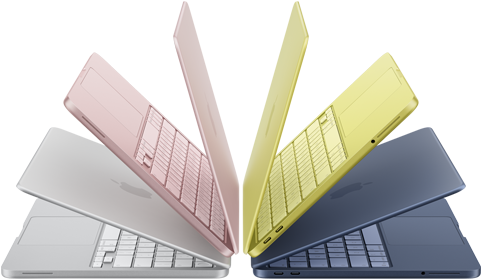 MacBook Neo Laptops in den Farben Silber, Rosa, Zitrus und Indigo, halb geöffnet und in einem Halbkreis angeordnet