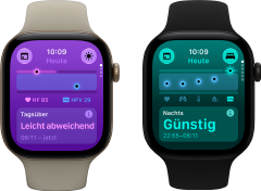 Zwei Apple Watch Series 12 Geräte: Aluminiumgehäuse, Farbe Lichtgold, Tageswerte für Vitalzeichen leicht abweichend, Digital Crown, Sportarmband Sand, Aluminiumgehäuse, Farbe Schwarz, im Schlaf erfasste Vitalwerte günstig, Digital Crown, Sportarmband Schwarz
