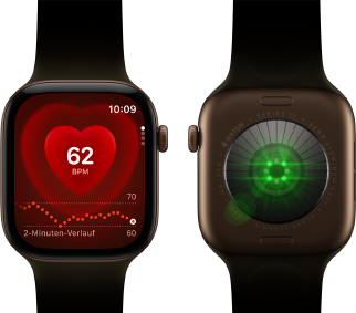 Zwei Apple Watch Series 12 Geräte, Aluminiumgehäuse, Farbe Dunkelbronze mit Sportarmband Oliv, eine zeigt die Herzfrequenz App, die andere das System zur Gesundheitserkennung auf der Rückseite der Watch mit grün leuchtenden LEDs