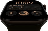 Apple Watch Series 12, Aluminiumgehäuse, Farbe Dunkelbronze, Modular Zifferblatt, Komplikationen: Tag und Datum, Trainings, Aktivitätsringe, Apple Music, rechte Seitenansicht, Digital Crown, Sportarmband, Farbe Oliv