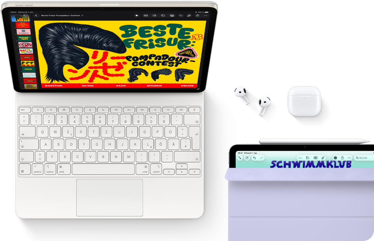 iPad Air, Farbe Polarstern, farbige Grafik auf dem Display, befestigt am Magic Keyboard, Airpods Pro und Apple Pencil Pro Zubehör