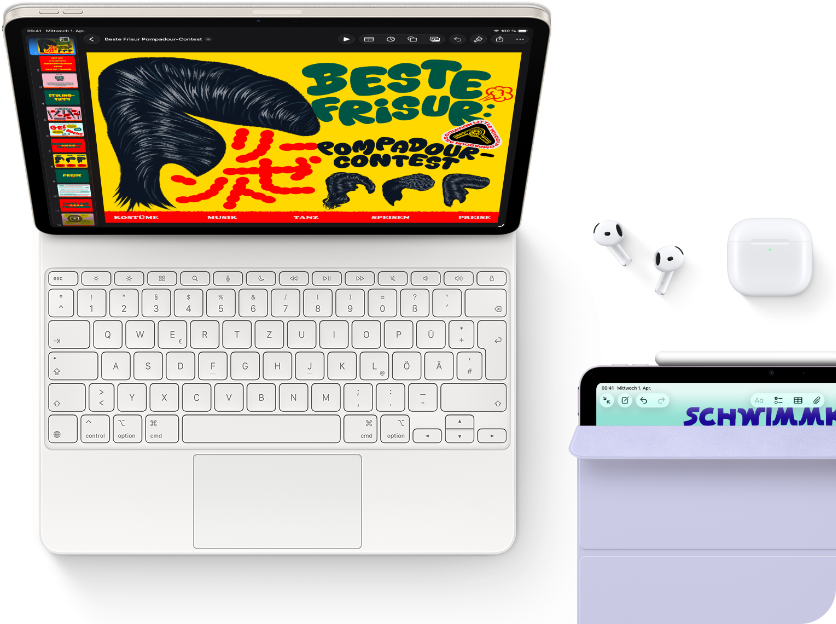 iPad Air, Farbe Polarstern, farbige Grafik auf dem Display, befestigt am Magic Keyboard, Airpods Pro und Apple Pencil Pro Zubehör