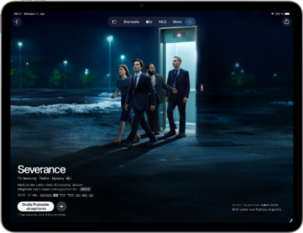 iPad Air, Vorderansicht, das Display zeigt Severance in der Apple TV App