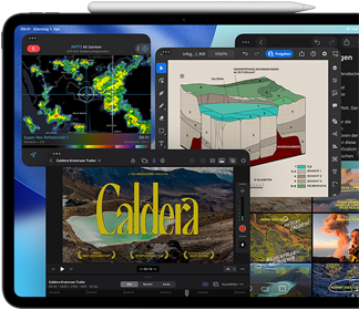 iPad Pro, Vorderansicht, Querformat, Farbe Space Schwarz, ein Apple Pencil haftet oben am Gerät, das Display zeigt mehrere App Fenster nebeneinander, darunter Final Cut Pro mit Videobearbeitungsfeatures und Timeline, Karten, Notizen und verschiedene Medienclips