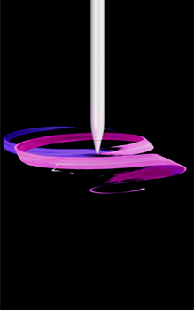 Apple Pencil Pro, Vorderseite, Hochformat, Seitenprofil, Farbe Weiß, abstrakte Zeichnung von violetten und rosafarbenen Bändern
