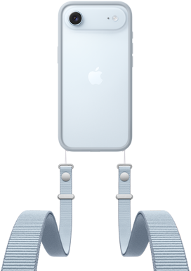 iPhone Air, Rückseite, Farbe Himmelblau, Fusion Kamera-System im oberen Bereich, Apple Logo in der Mitte, Crossbody Band mit Bumper in hellgrauer Farbe angebracht